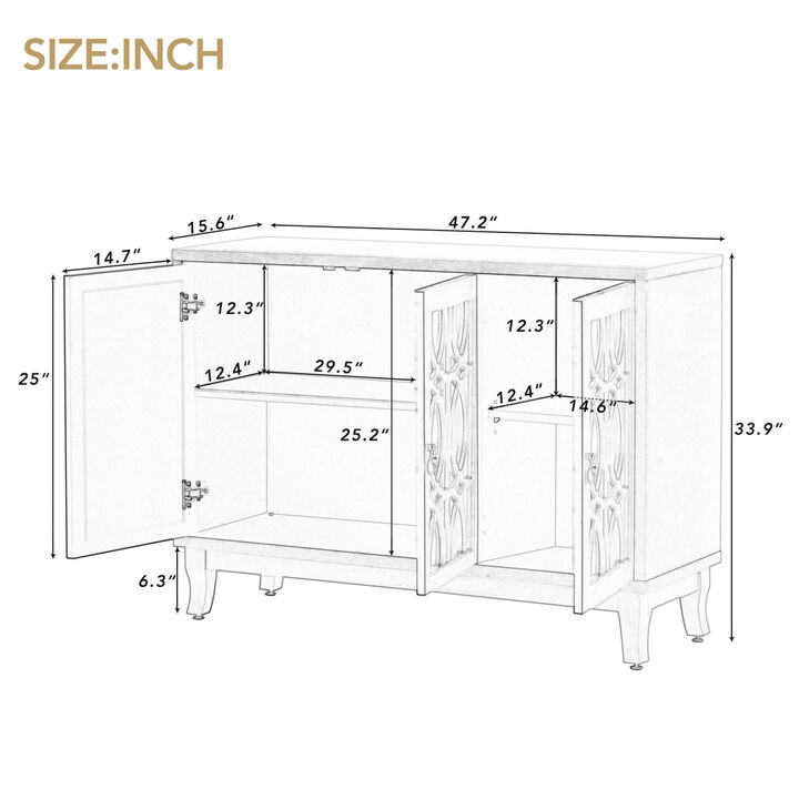 Sideboard with Glass Doors, 3 Door Mirrored Buffet Cabinet with Silver Handle for Living Room, Hallway, Dining Room (Natural Wood Wash)