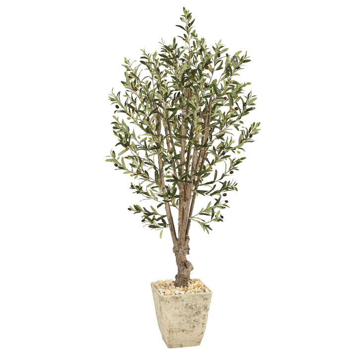 Nearly Natural 5-ft Olive Artificial Tree in Country White Planter