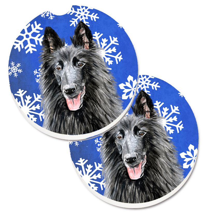 Caroline's Treasures Belgian Sheepdog Winter Snowflakes Holiday Set of 2 Cup Holder Car Coasters SC9398CARC, 2.56, Multicolor image number 0