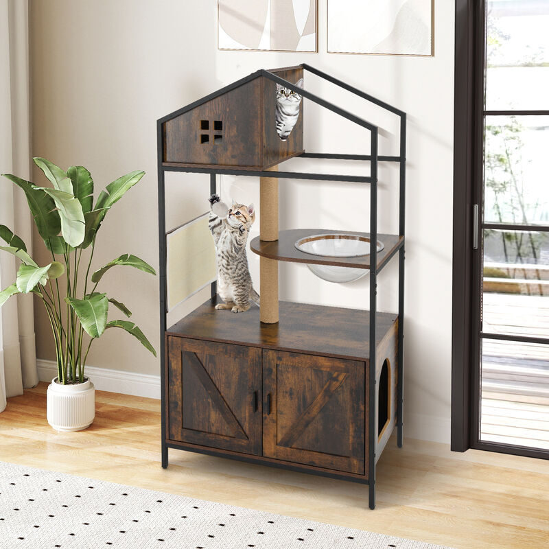Industrial Indoor Cat Condo with Litter Box &ndash; Multi-Level Cat Tree Furniture - Rustic Brown image number 8
