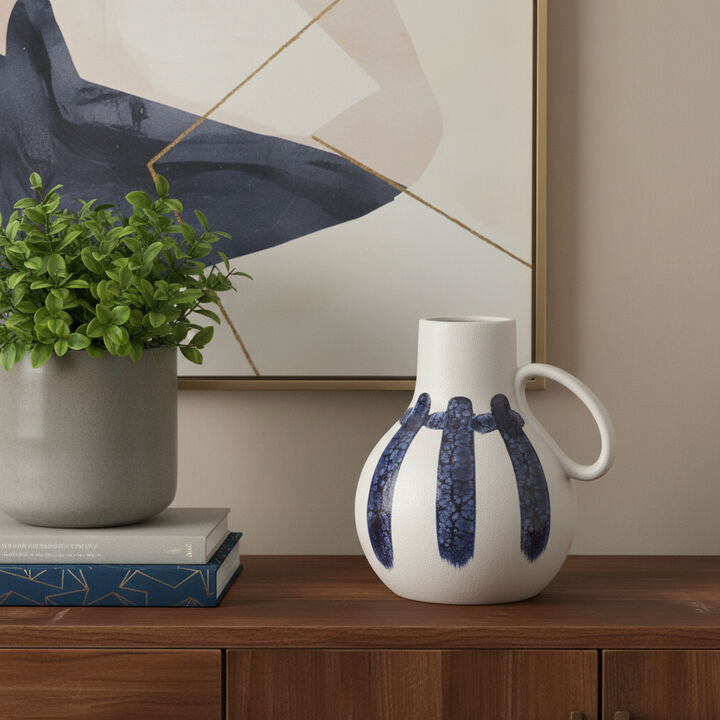 HomeRoots 10" White And Blue Abstract Ceramic Amphora Jug Vase