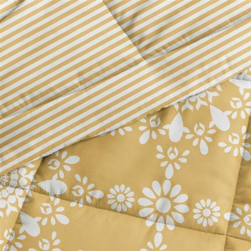 Hivvago King Size 3 Piece Yellow Reversible Daisy Medallion Stripped Comforter Set