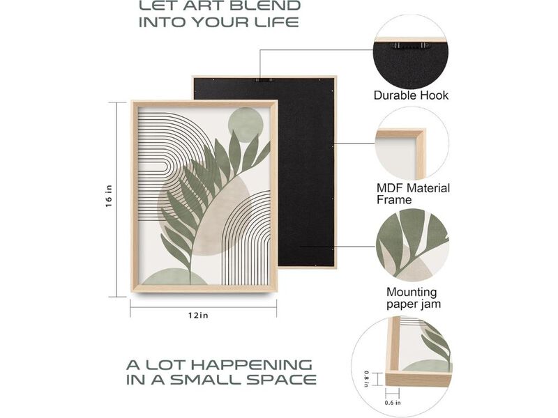 Boho Sage Green Framed Wall Art Set 3 Minimalist Canvas 12x16 In Decor image number 2