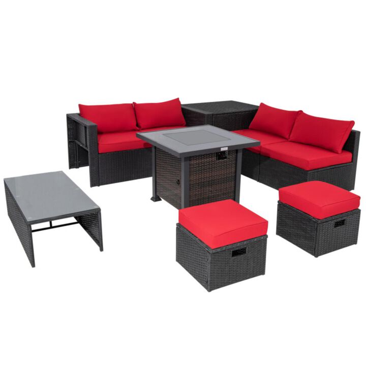 Hivvago 9 Pieces Patio Furniture Set with 32" Fire Pit Table and 50000 BTU Square Propane Fire Pit