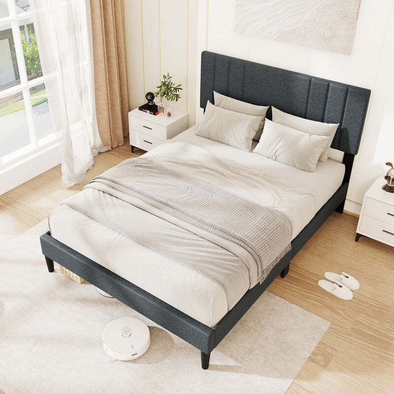 Tufted Headboard Bed Frame with Vertical Panels and Wood Slats for Support