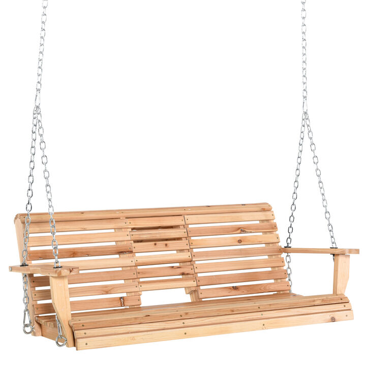 Hivvago Wooden 3-Person Porch Swing with Chains and Cup Holders