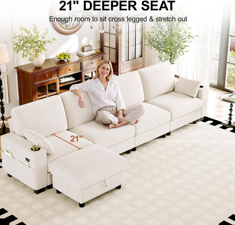 Vipbear 128 Inch Modular Sectional Sofa, Comfy Chenille 5 Seater L Shaped Cloud Couch with Ottoman image number 5