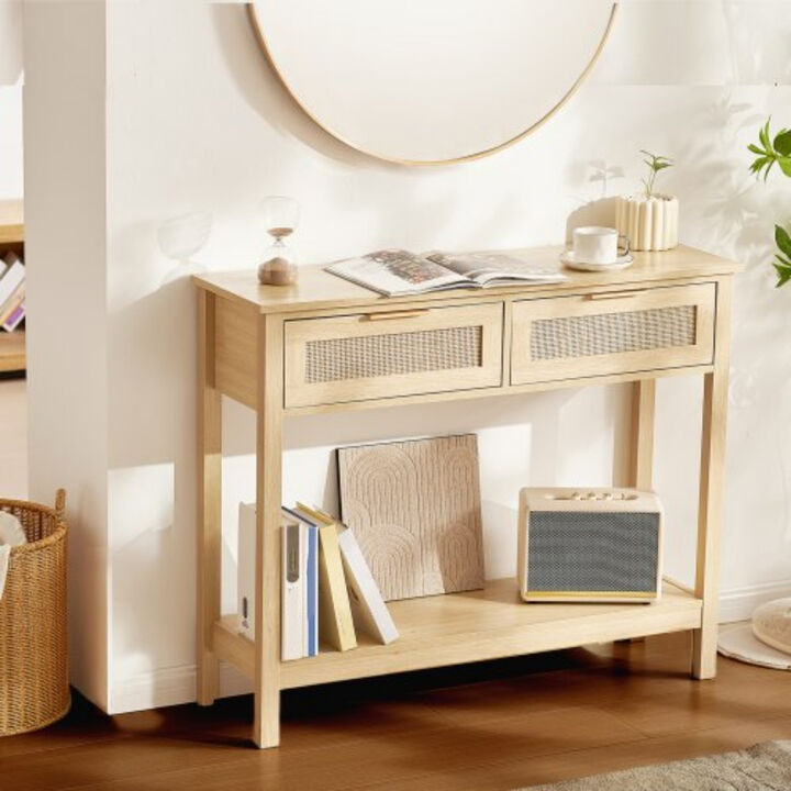 Compact Rattan Console Table – Entry Table, 2 Drawers & Sliding Door for Hallway or Living Room