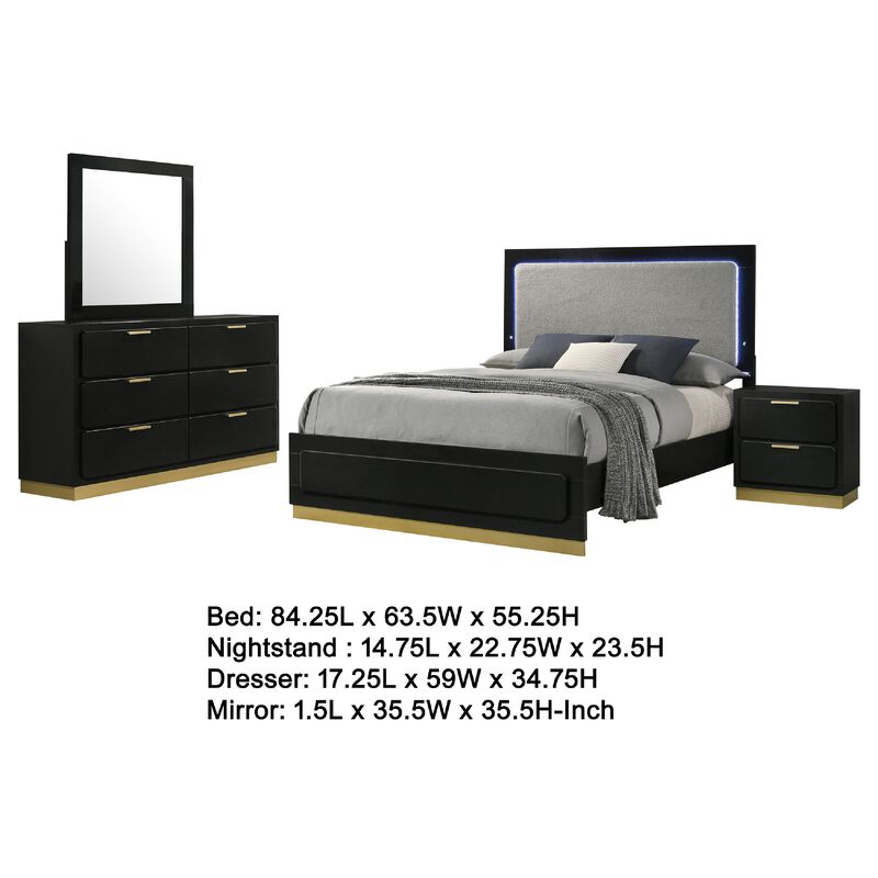 Caer 4pc Queen Bedroom Set in Black, Gold Accents, Gray Upholstery