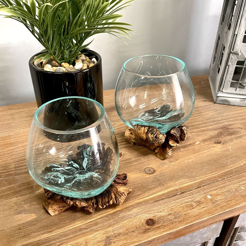 Melted Glass On Gamal Root Wood Decorative Bowl Vase Terrarium Planter image number 7