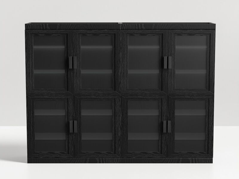 62" High Black Glass Door Wood Grain Decorative Storage Cabinet Display Cabinet, with Sufficient Space for 12 Shelves