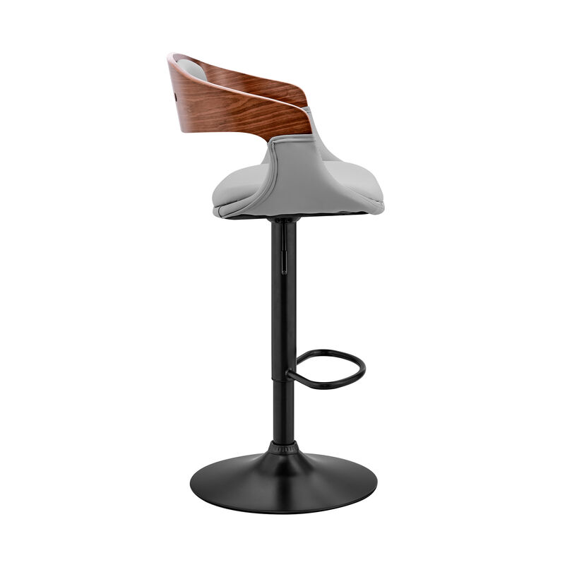 Benson Adjustable Gray Faux Leather and Walnut Wood Stool with Black Base