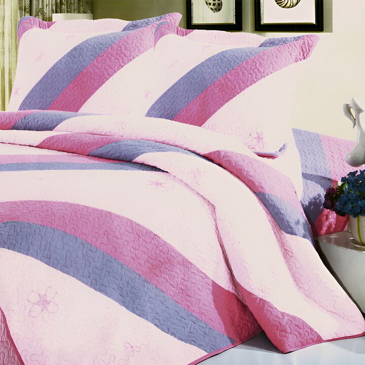 Vermicelli-Quilted Cotton Quilt Set 3-Piece with Embroidered Printed Design-Pink