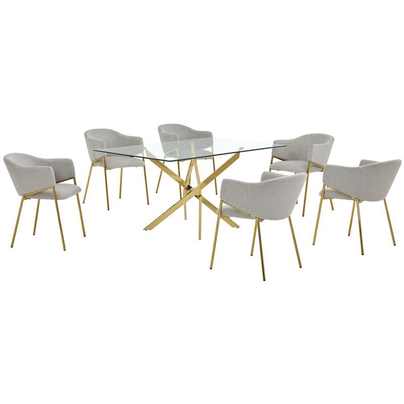 Best Quality Furniture 7Pc Rectangle Glass Dining Table With 6 Gray Side Chairs