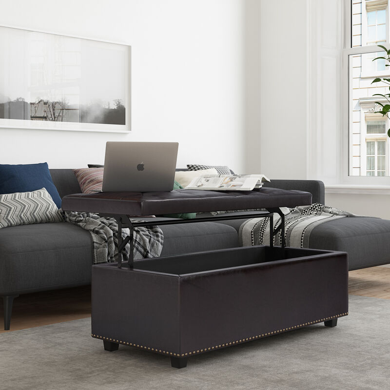 Hamilton Lift Top Rectangular Storage Ottoman in Tanners Brown Faux Leather image number 2