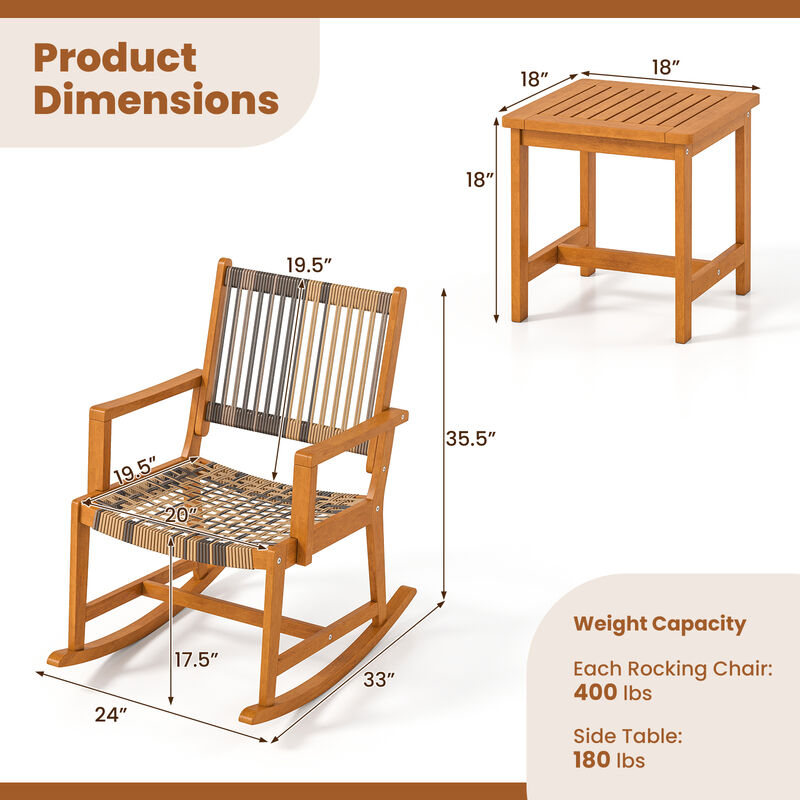 Outdoor 3 Piece Acacia Wood Rocking Set with Rattan Seat and Back image number 2