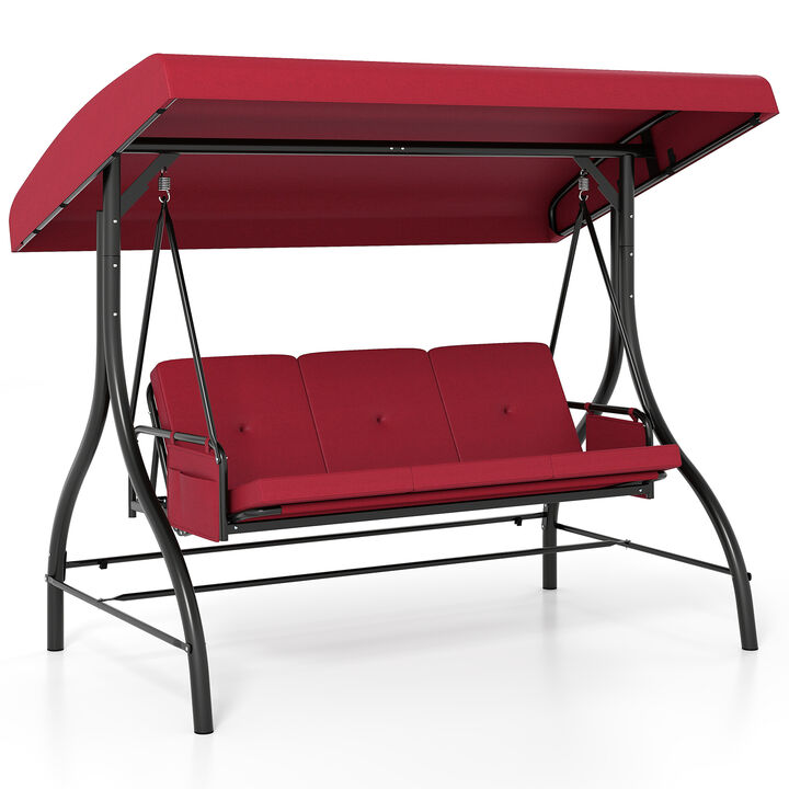 Outdoor Swing with Canopy, Cushions, and Convenient Side Pockets for Storage-Burgundy