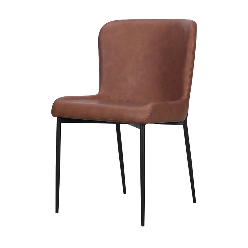 Woxy Set of 2 Dining Chair Cognac Brown Faux Leather, Black Metal Legs