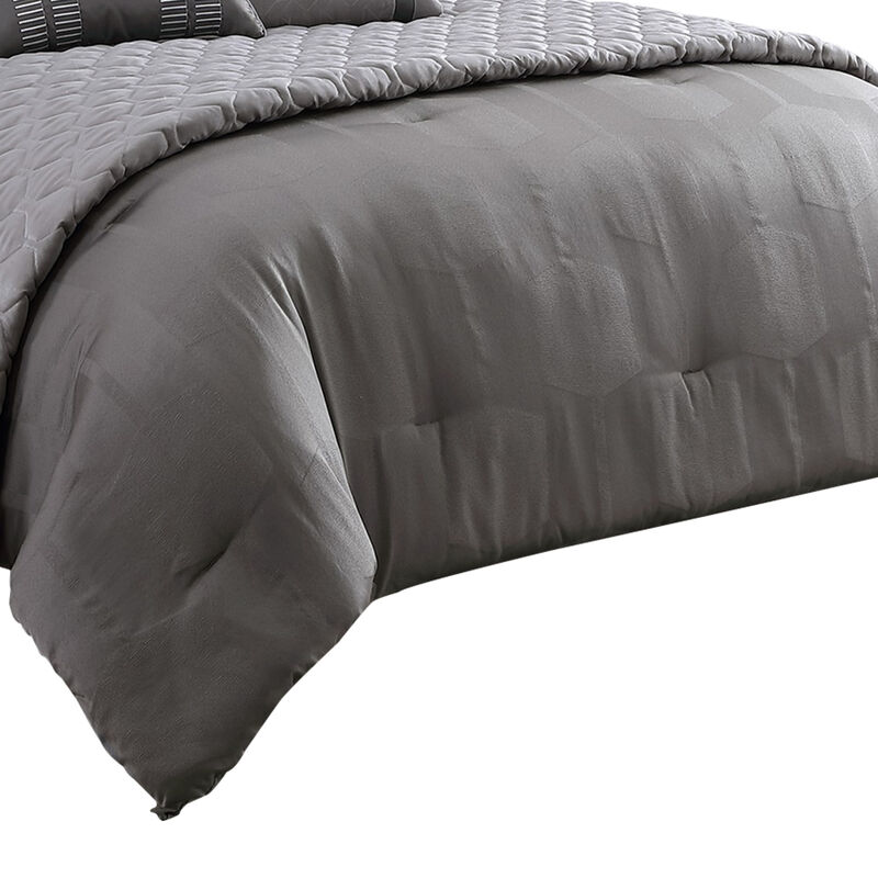 10 Piece Queen Polyester Comforter Set with Geometric Print, Gray - Benzara