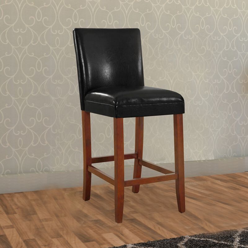 Wooden 29 Inch Bar Stool with Faux Leather Padded Seat and Tapered Feet, Black and Brown