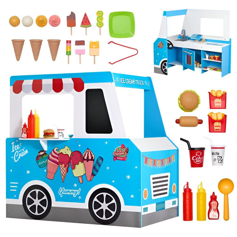 Kids Wooden Ice Cream Cart Playset, 20+ PCS Pretend Play Truck with Accessories image number 3