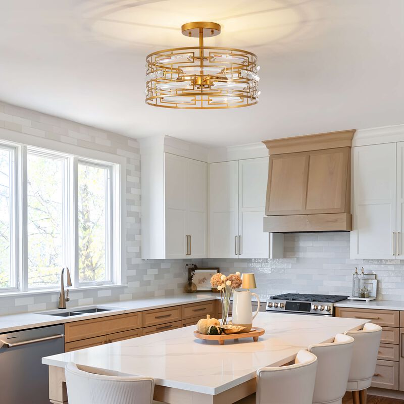 Ariel 3-Light Drum Shade Clear Glass Prism Flush Mount - Medium‑gloss Brushed Brass Finish image number 3