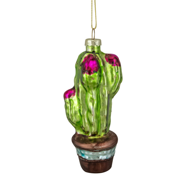 4.75" Green and Pink Potted Cactus Glass Christmas Ornament