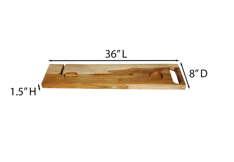 EcoDecors Eleganto 36" Solid Teak Bath Caddy Tray with Wine Glass & Tablet Holder image number 2