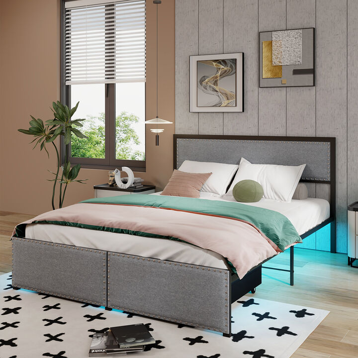 Contemporary Platform Bed with LED Headboard, Drawer, and Metal Slats &ndash; Easy Assembly Included