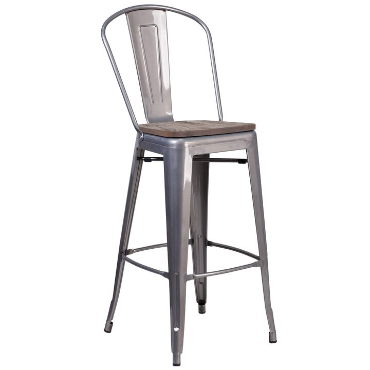 Flash Furniture Lincoln 30" High Clear Coated Barstool with Back and Wood Seat