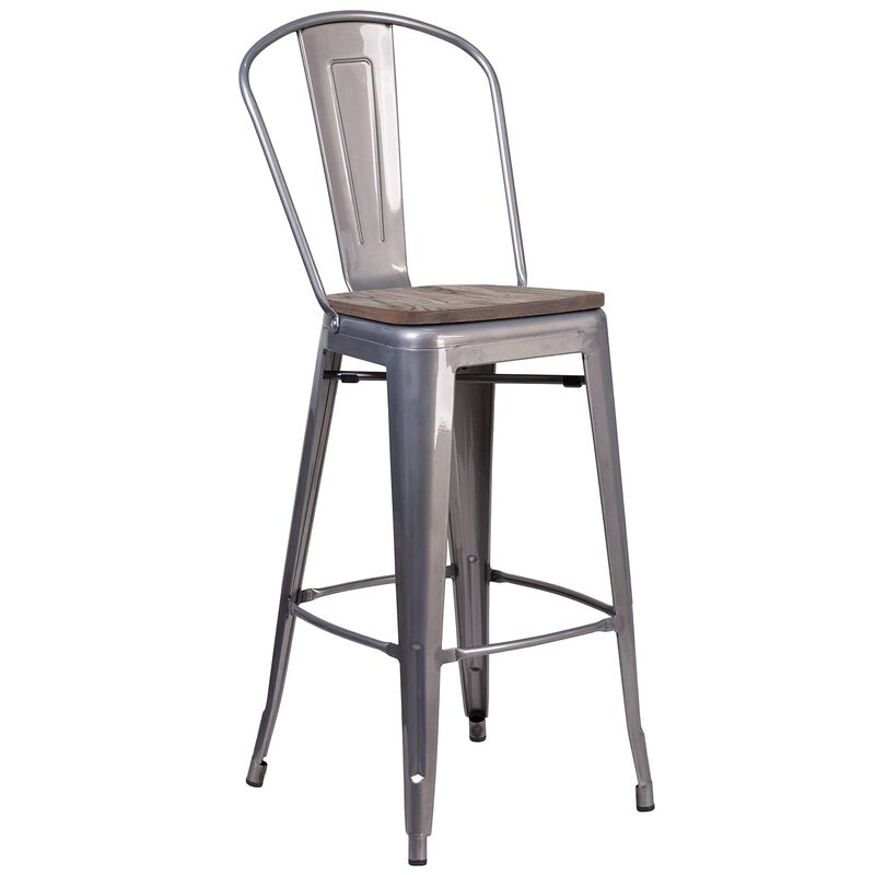 Flash Furniture Lincoln 30" High Clear Coated Barstool with Back and Wood Seat