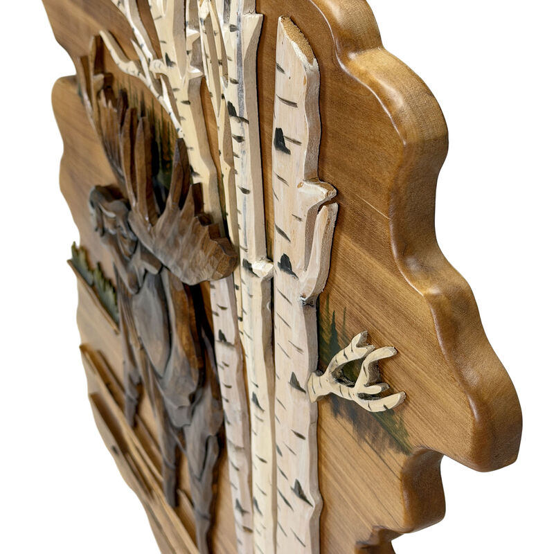 Moose in Birch Forest 23.5 inch Rustic Intarsia Wood Wall Art Sculpture image number 2