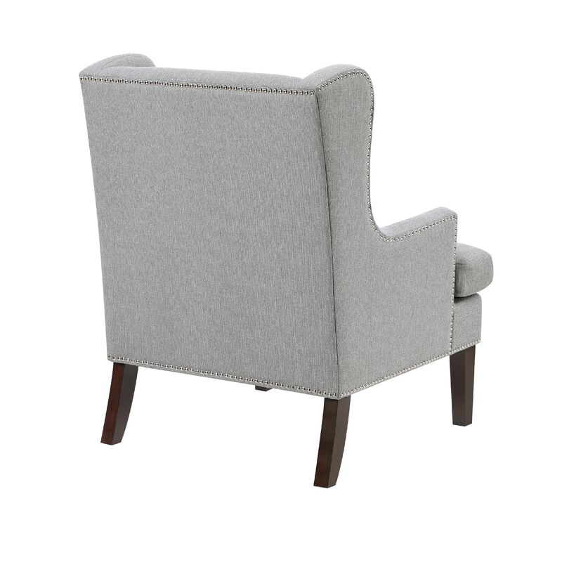 Rossana Accent Wing Armchair, Gray Polyester, Brown Wood, Nailhead
