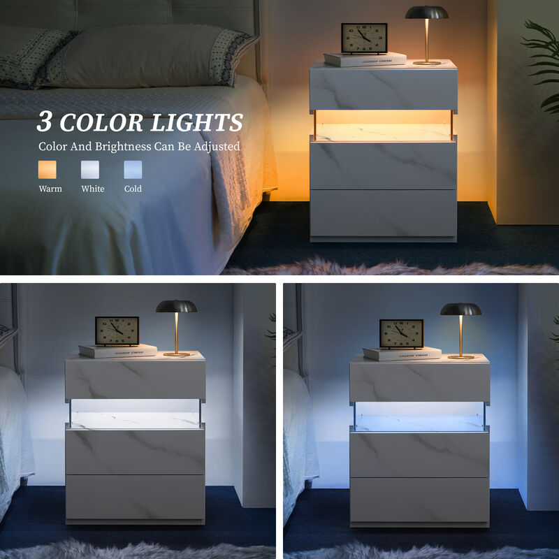TATEUS Acrylic LED Nightstand with 3 Drawers, Lighted Bedside Table Dresser for Bedroom End Furniture