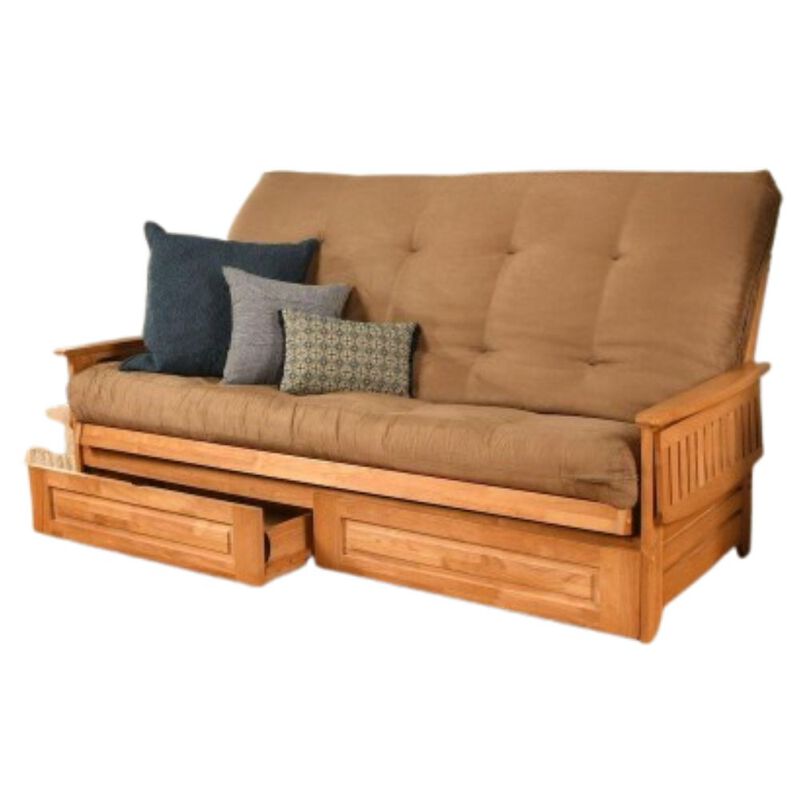 Phoenix Frame Queen-Butternut Finish-Suede Peat Mattress-Storage Drawers