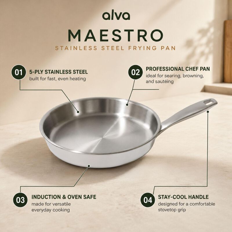 Alva Maestro 5-Ply Stainless Steel Frying Pan - Oven Safe and Made without PFAS, PFOA & PTFE - Induction and All Stovetop Compatible with Even Heat Distribution image number 7