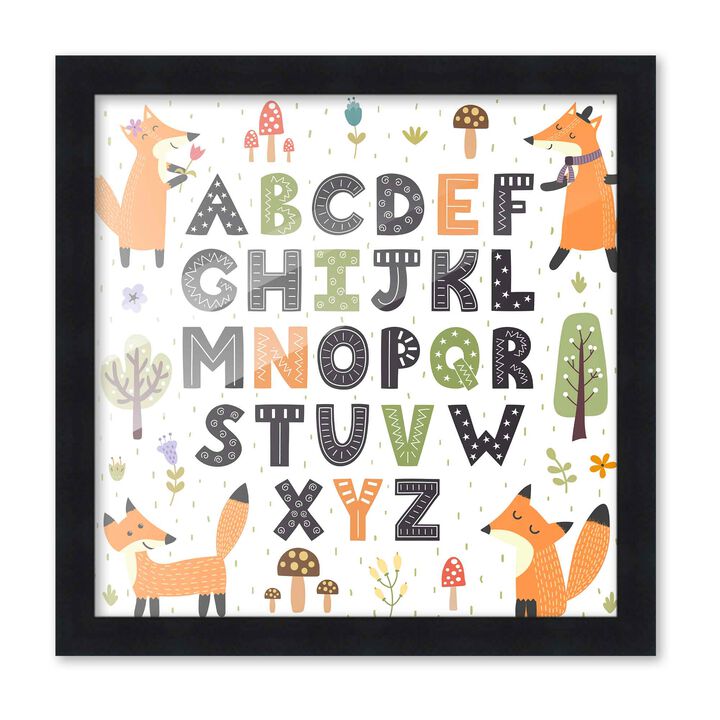 10x10 Framed Nursery Wall Art Hand Drawn Fox ABC Poster In Black Wood Frame For Kid Bedroom or Playroom