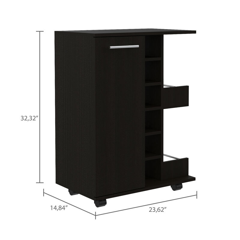DEPOT E-SHOP Magda Bar Cart, Four Casters, Six Built-in Wine Rack, Single Door Cabinet, Two External Shelves, Black