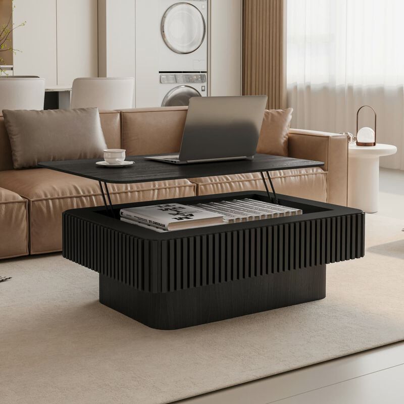 Rectangular lift top coffee table Coffee table with hidden storage and soft close Fluted MDF and solid wood veneer coffee table image number 1