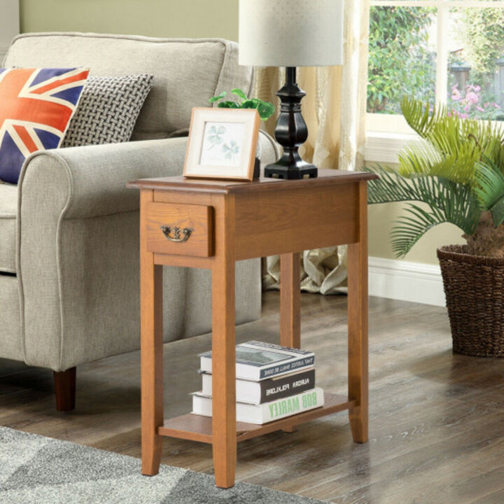 2 Pieces 2 Tier Sofa Side End Table with Drawer and Open Shelf