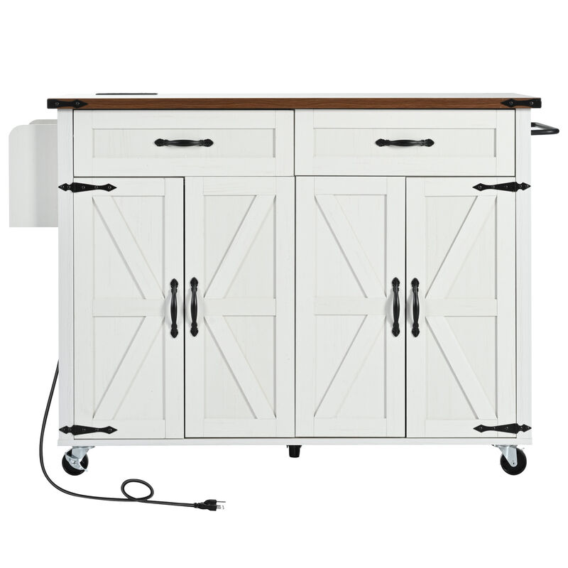 Whisen Farmhouse Style Kitchen Cart Island with Drop-Leaf, Power Outlet, Spice Rack and Drawer - White