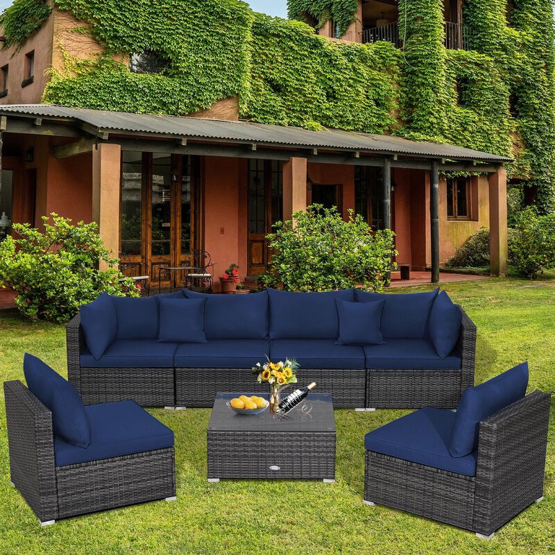 Mondawe 7 Pieces Patio Rattan Furniture Set with Sectional Sofa Cushioned