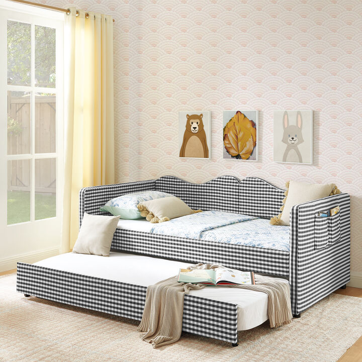 Merax Gingham Daybed with Trundle & Guardrails &ndash; Solid Wood Frame, Side Storage Pocket