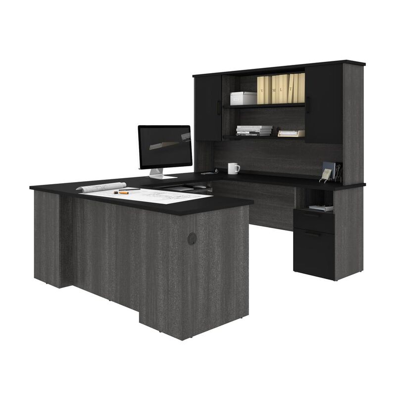 Bestar Norma Norma U-shaped workstation with hutch - Black & Bark Gray