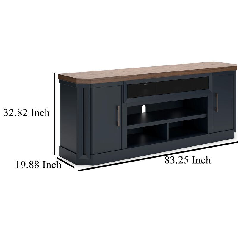Docken TV Media Console, Open Fireplace Area, Blue Brown, 83 Inch - Benzara