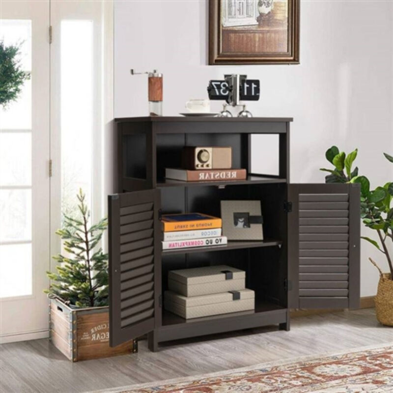 Rustic Farmhouse Linen Tower Cabinet with Slatted Doors and Open Shelf