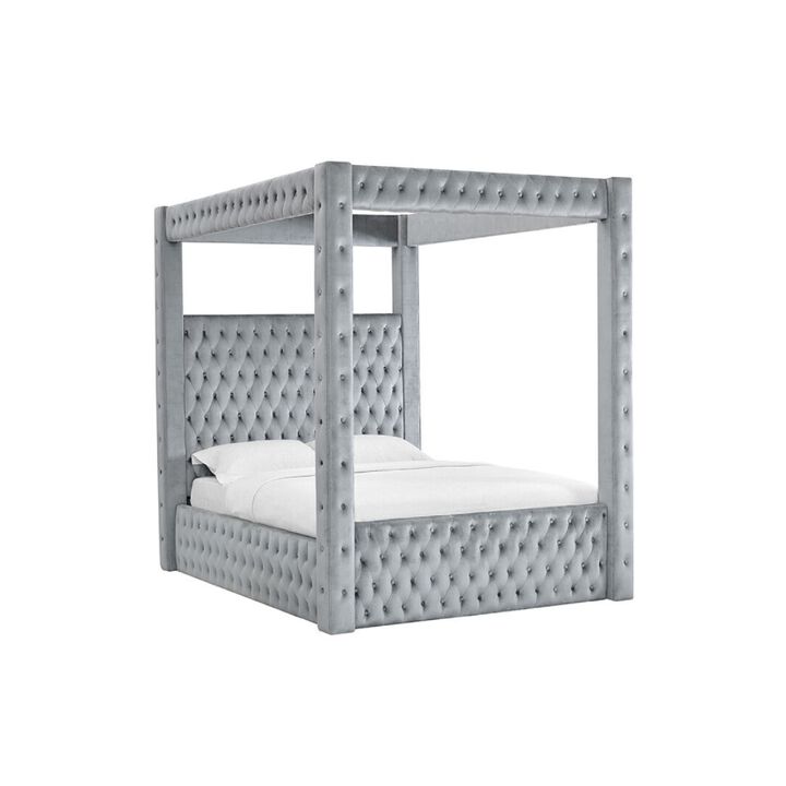 Beli Queen Size Canopy Bed, Tufted Design, Gray Velvet Upholstery