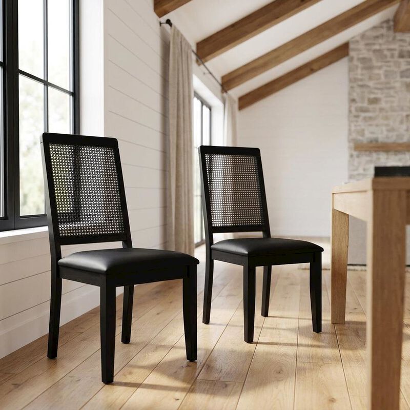 Vegan Leather Upholstered Faux Rattan Dining Chairs, Black Black, Set of 2 image number 4