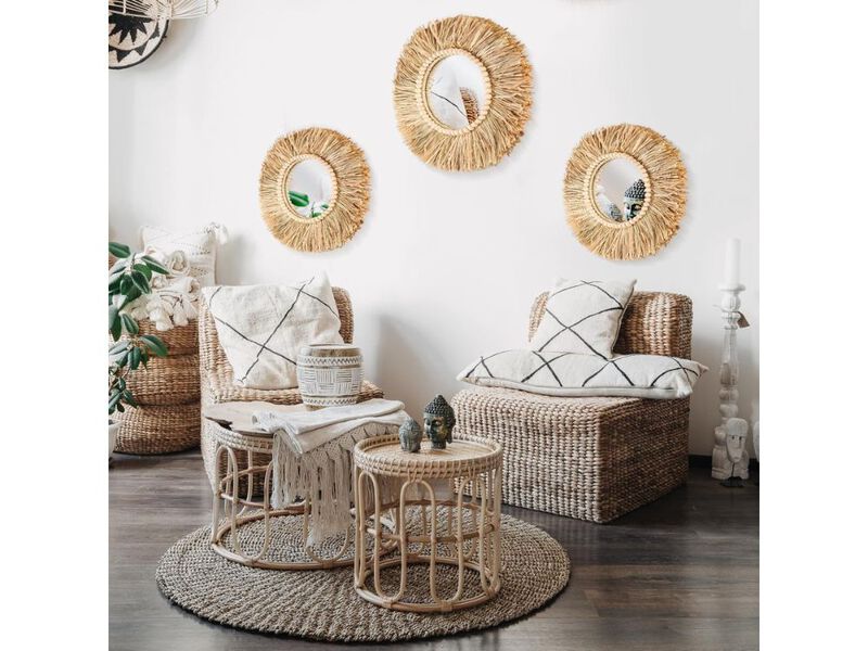 Boho Raffia Round Wall Mirror Set Rustic Decorative Mirrors with Wood Beads image number 1
