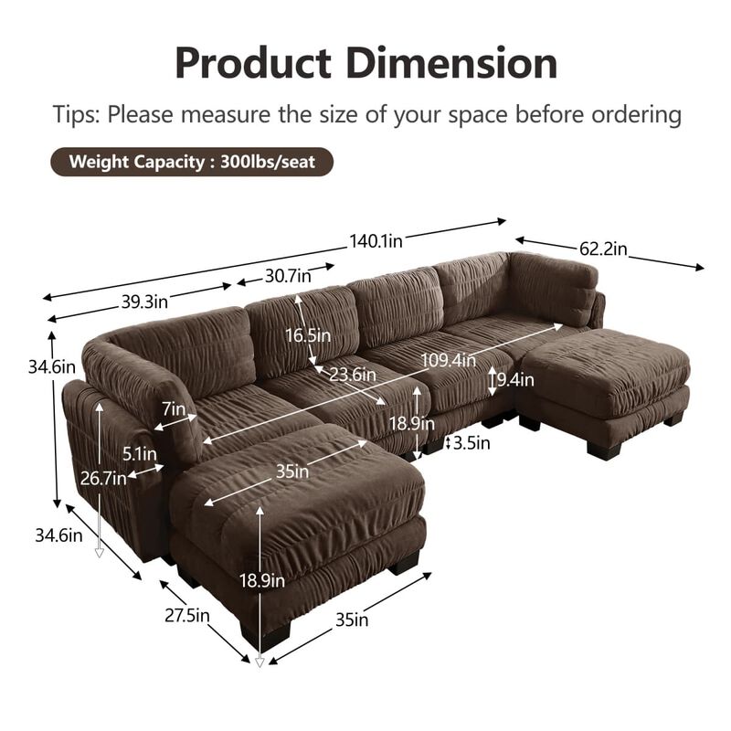4 seat modular sectional sofa, Chenille L shaped sectional couch with ruched detailing, Modular sectional with 2 movable ottomans image number 2